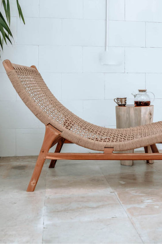 Florence Lounger made from teak wood and eco-friendly wicker, stylish sustainable outdoor furniture