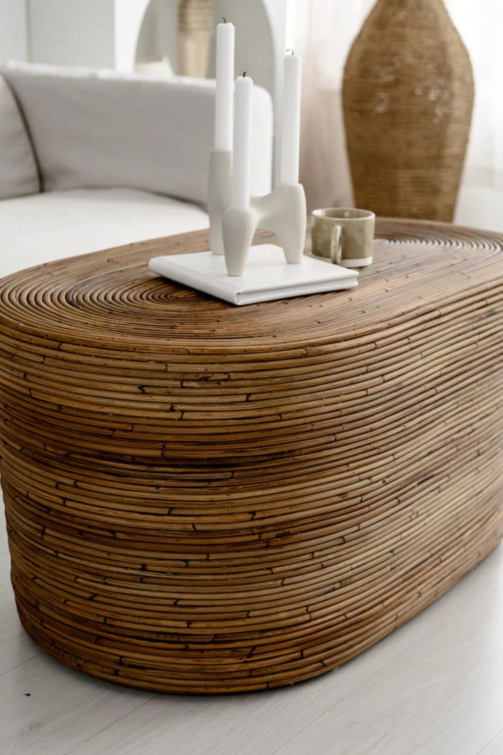Tegal Oval Rattan Table in rich brown finish, handwoven from durable natural rattan for indoor or outdoor use