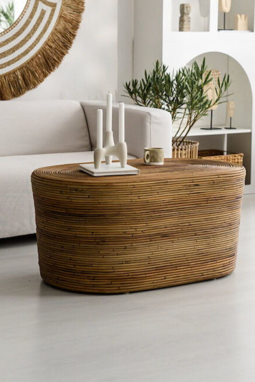 Tegal Oval Rattan Table in rich brown finish, handwoven from durable natural rattan for indoor or outdoor use