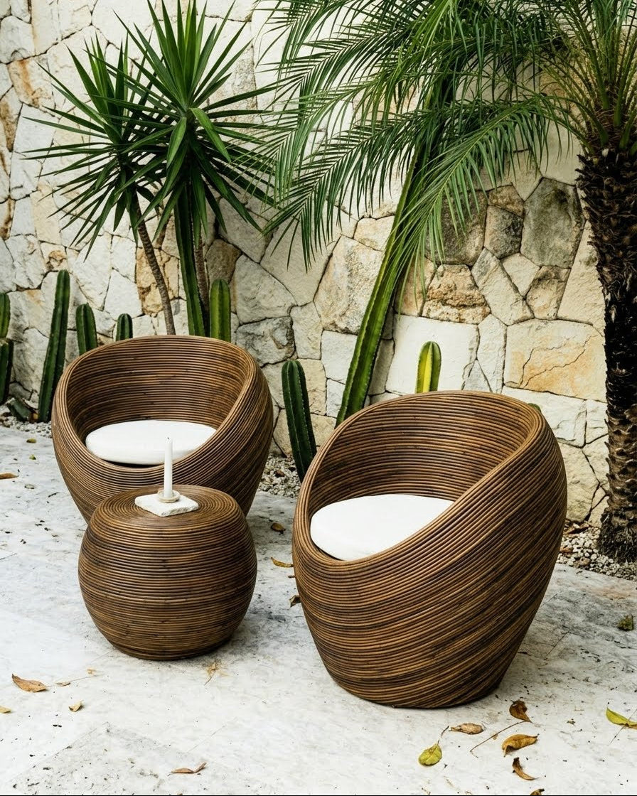 Handmade rattan armchair in dark brown with boho style, perfect for cozy living spaces