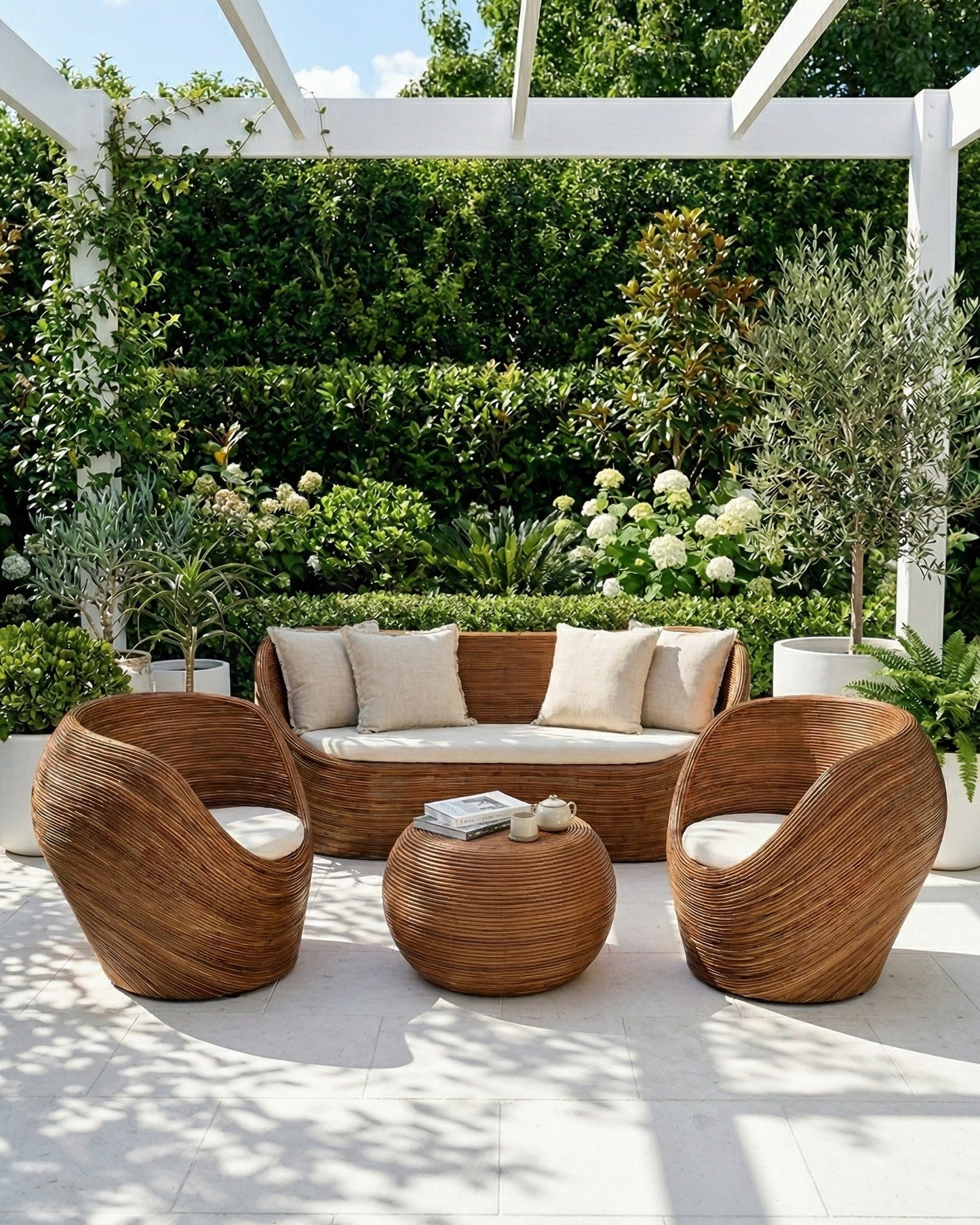Handmade rattan armchair in dark brown with boho style, perfect for cozy living spaces