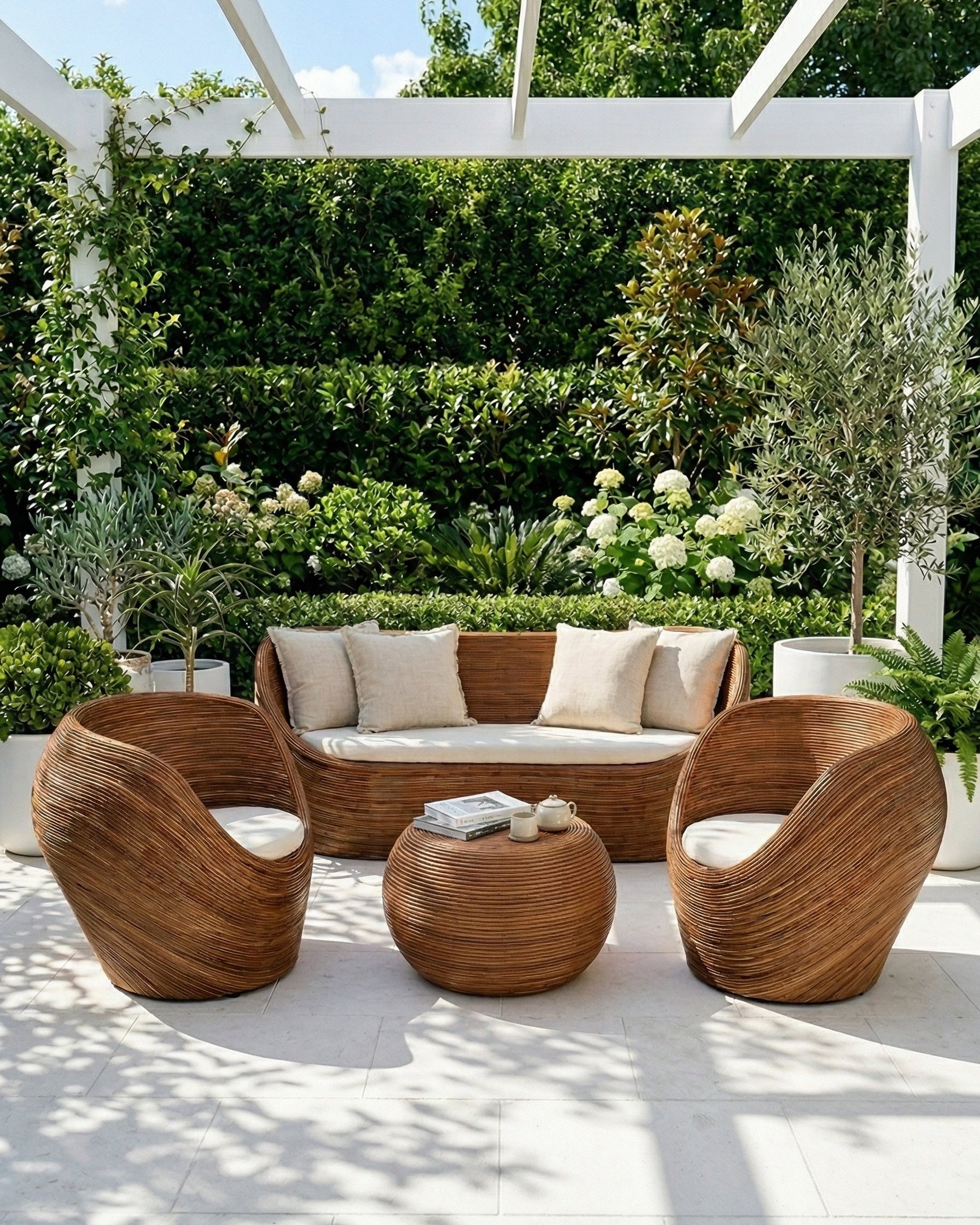 Handmade rattan armchair in dark brown with boho style, perfect for cozy living spaces