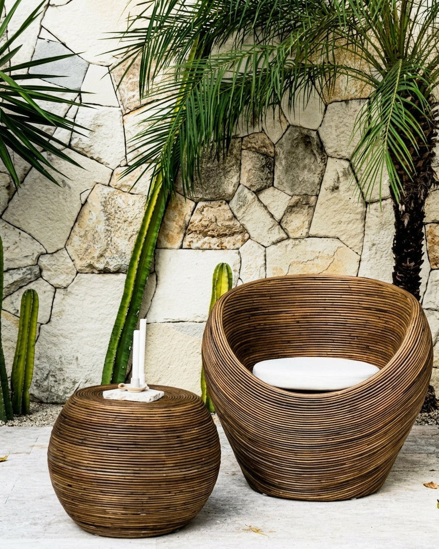 Handmade rattan armchair in dark brown with boho style, perfect for cozy living spaces
