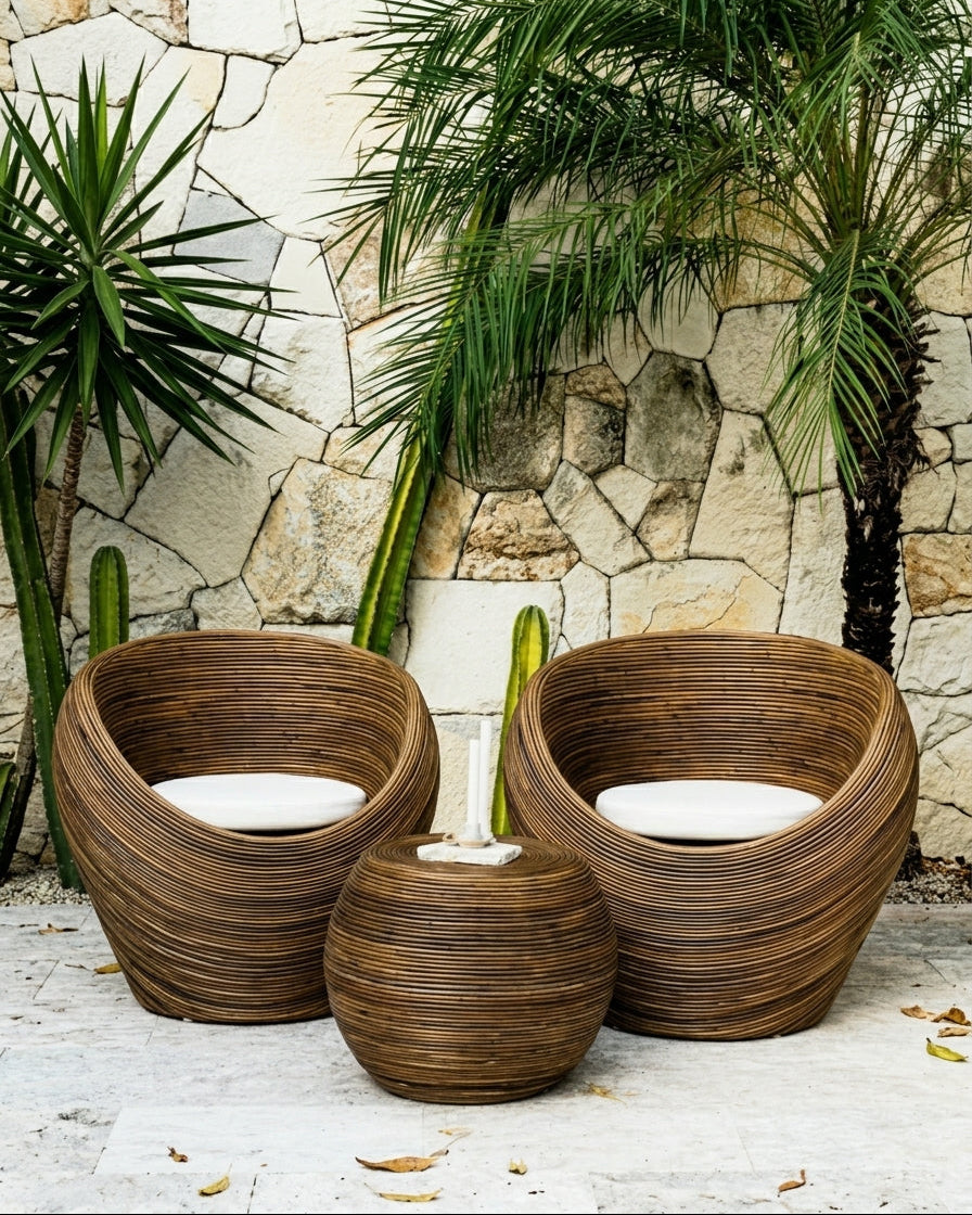 Handmade rattan armchair in dark brown with boho style, perfect for cozy living spaces