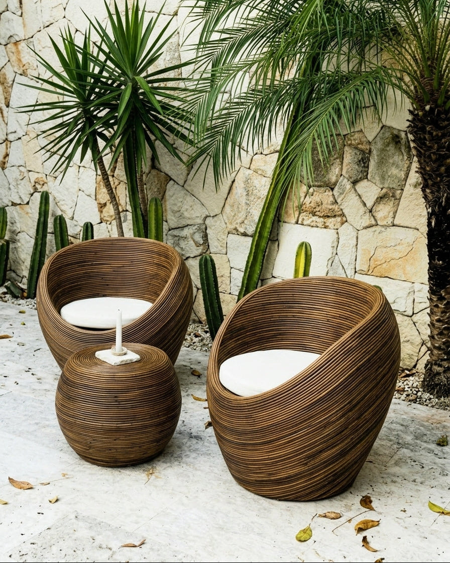 Handmade rattan armchair in dark brown with boho style, perfect for cozy living spaces