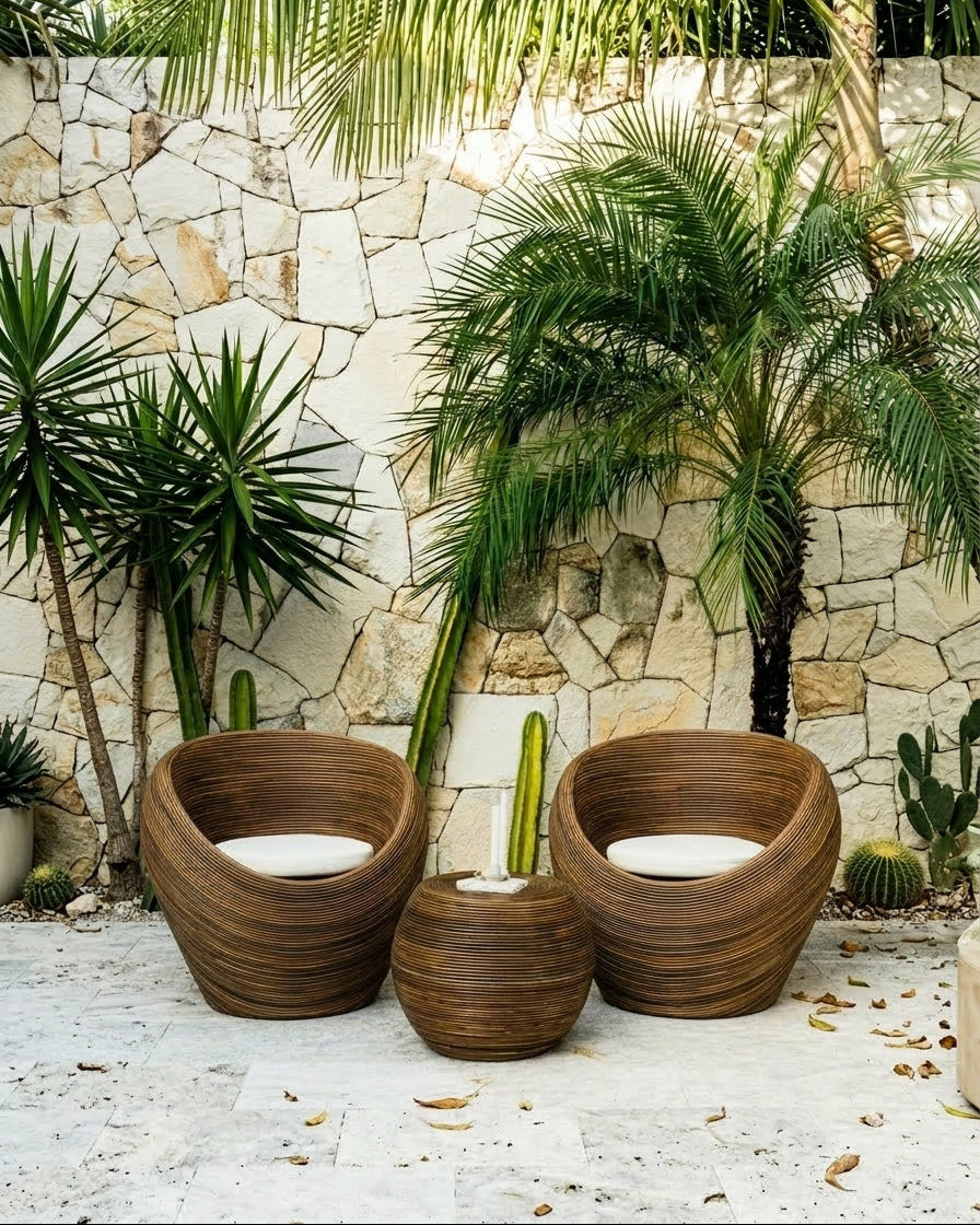 Handmade rattan armchair in dark brown with boho style, perfect for cozy living spaces