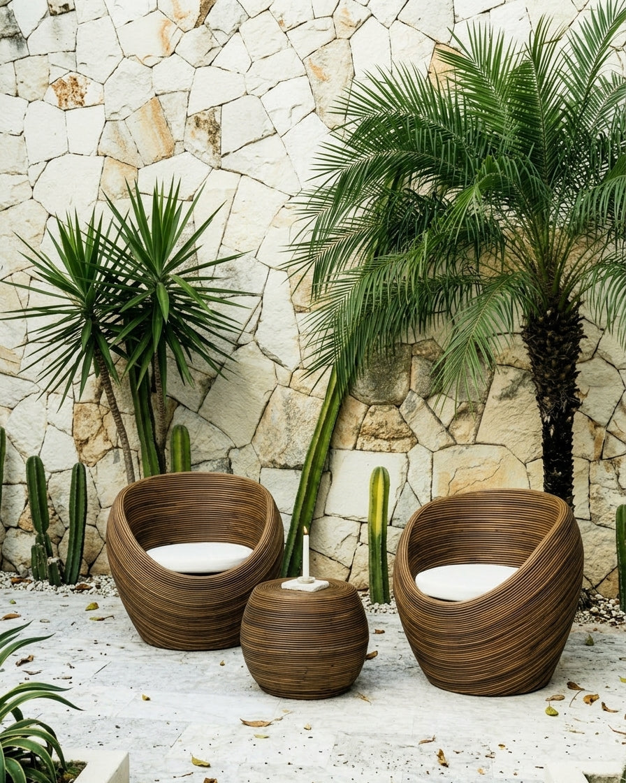 Handmade rattan armchair in dark brown with boho style, perfect for cozy living spaces