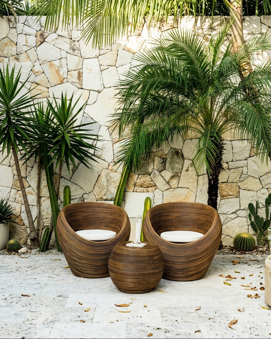 Handmade rattan armchair in dark brown with boho style, perfect for cozy living spaces