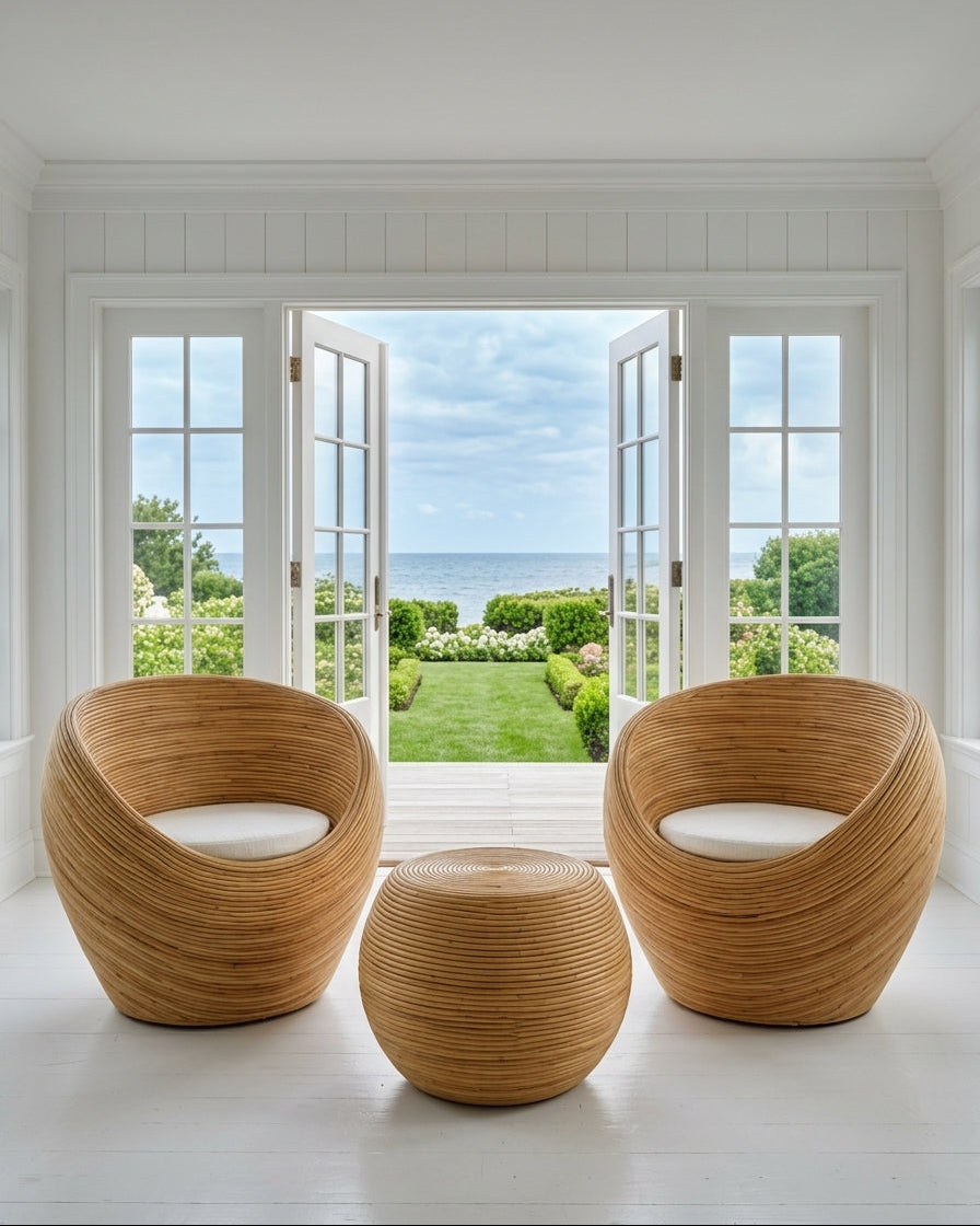 Handmade rattan armchair natural with boho style, perfect for cozy living spaces.