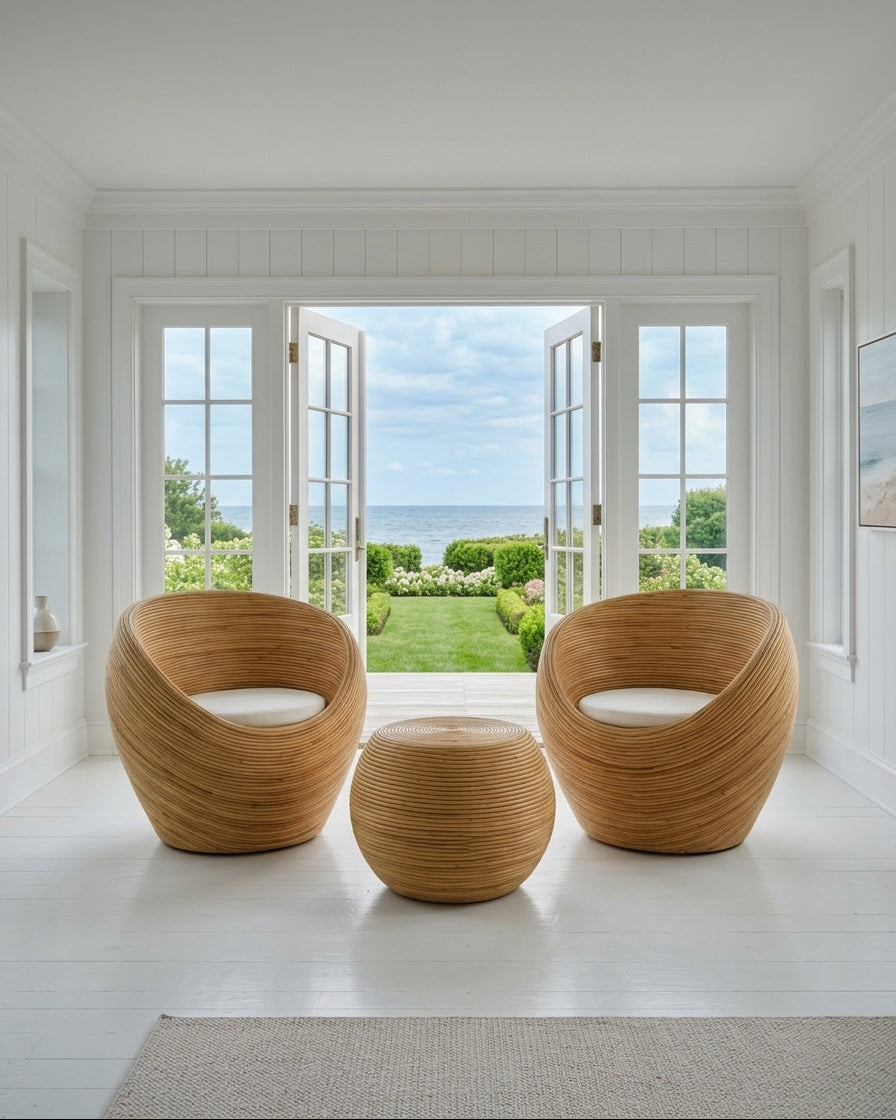 Handmade rattan armchair natural with boho style, perfect for cozy living spaces.