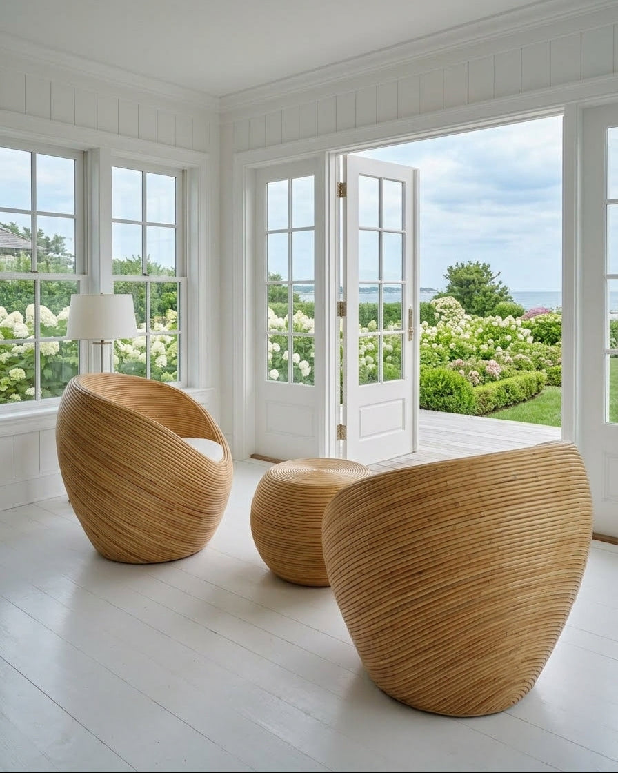 Handmade rattan armchair natural with boho style, perfect for cozy living spaces.