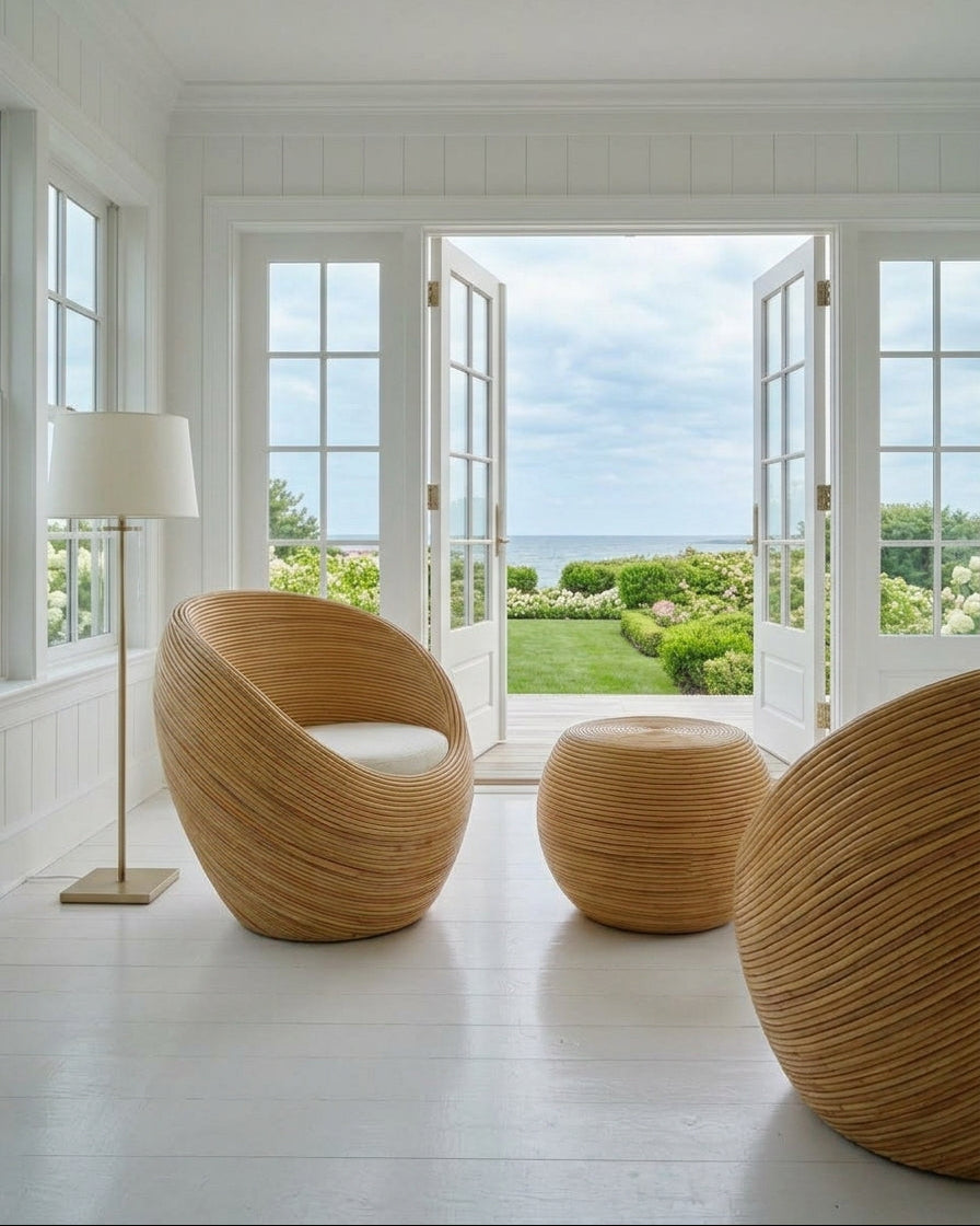 Handmade rattan armchair natural with boho style, perfect for cozy living spaces.