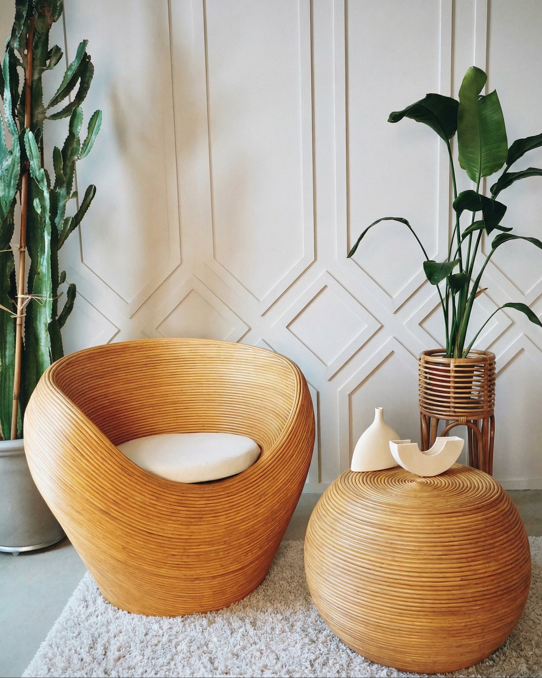 Handmade rattan armchair natural with boho style, perfect for cozy living spaces.