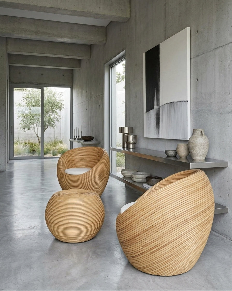 Handmade rattan armchair natural with boho style, perfect for cozy living spaces.