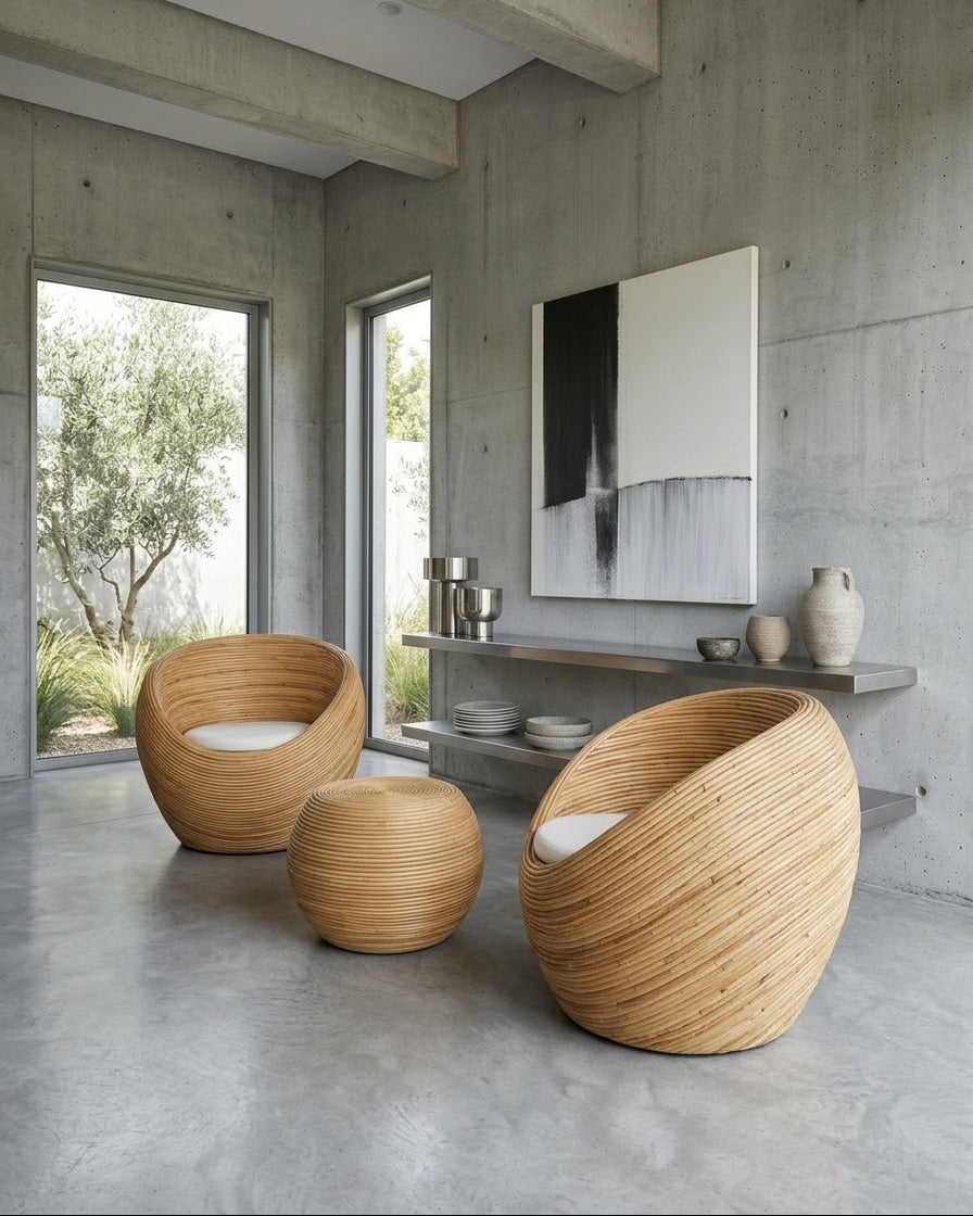 Handmade rattan armchair natural with boho style, perfect for cozy living spaces.