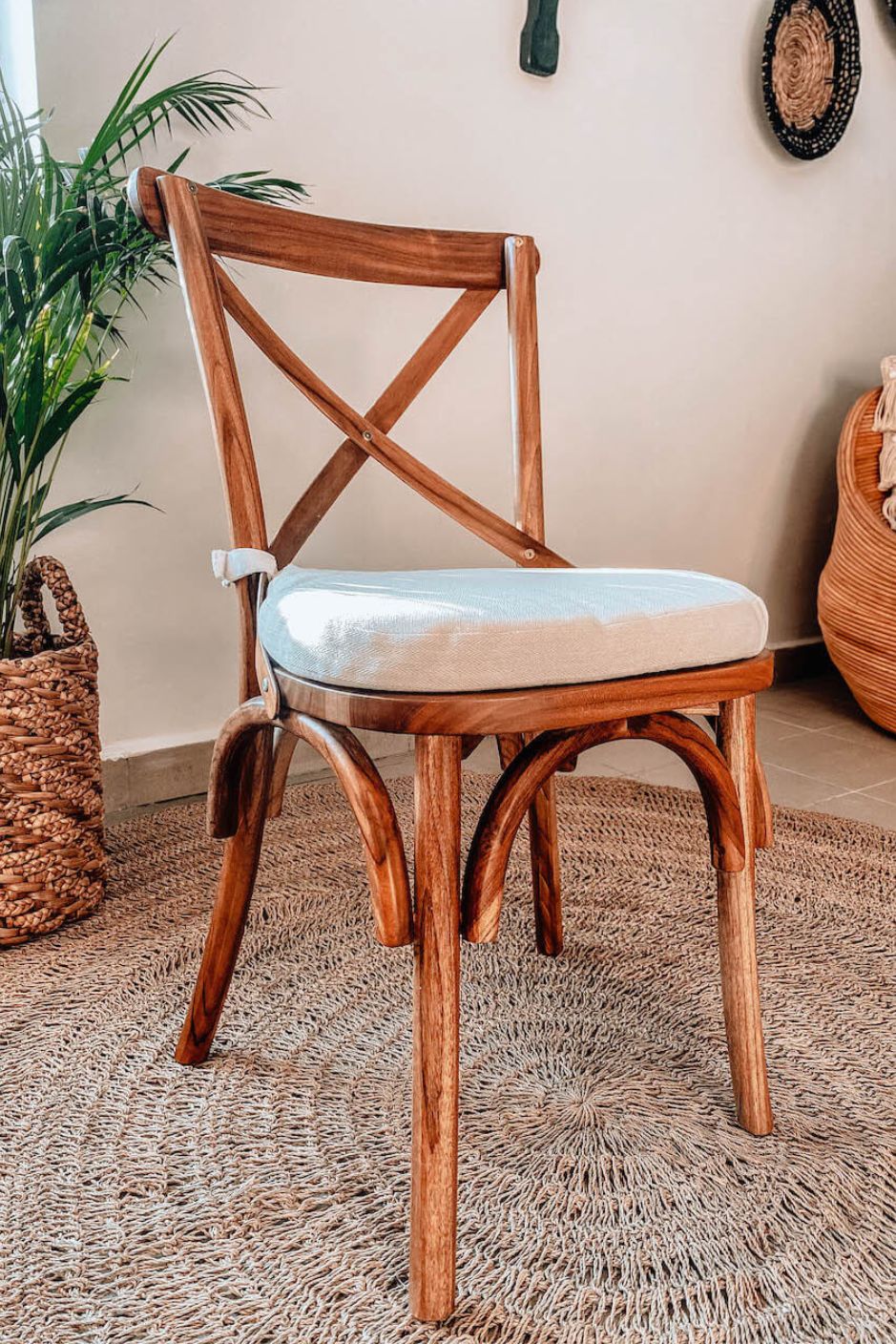 Tika Chair handmade from solid teak wood with ecru seat cushion, vintage-inspired design perfect for boho, retro, or classic living rooms, dining areas, kitchens, and bedrooms in Australian homes