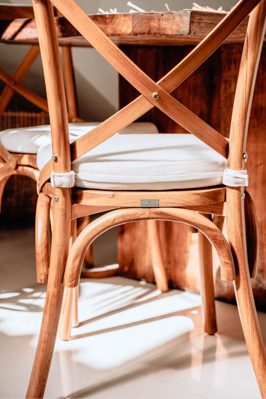 Tika Chair handmade from solid teak wood with ecru seat cushion, vintage-inspired design perfect for boho, retro, or classic living rooms, dining areas, kitchens, and bedrooms in Australian homes