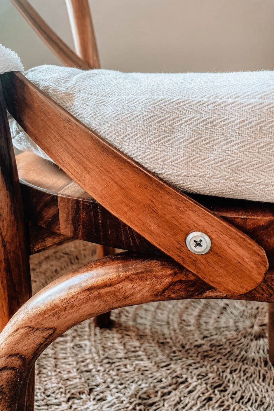 Tika Chair handmade from solid teak wood with ecru seat cushion, vintage-inspired design perfect for boho, retro, or classic living rooms, dining areas, kitchens, and bedrooms in Australian homes