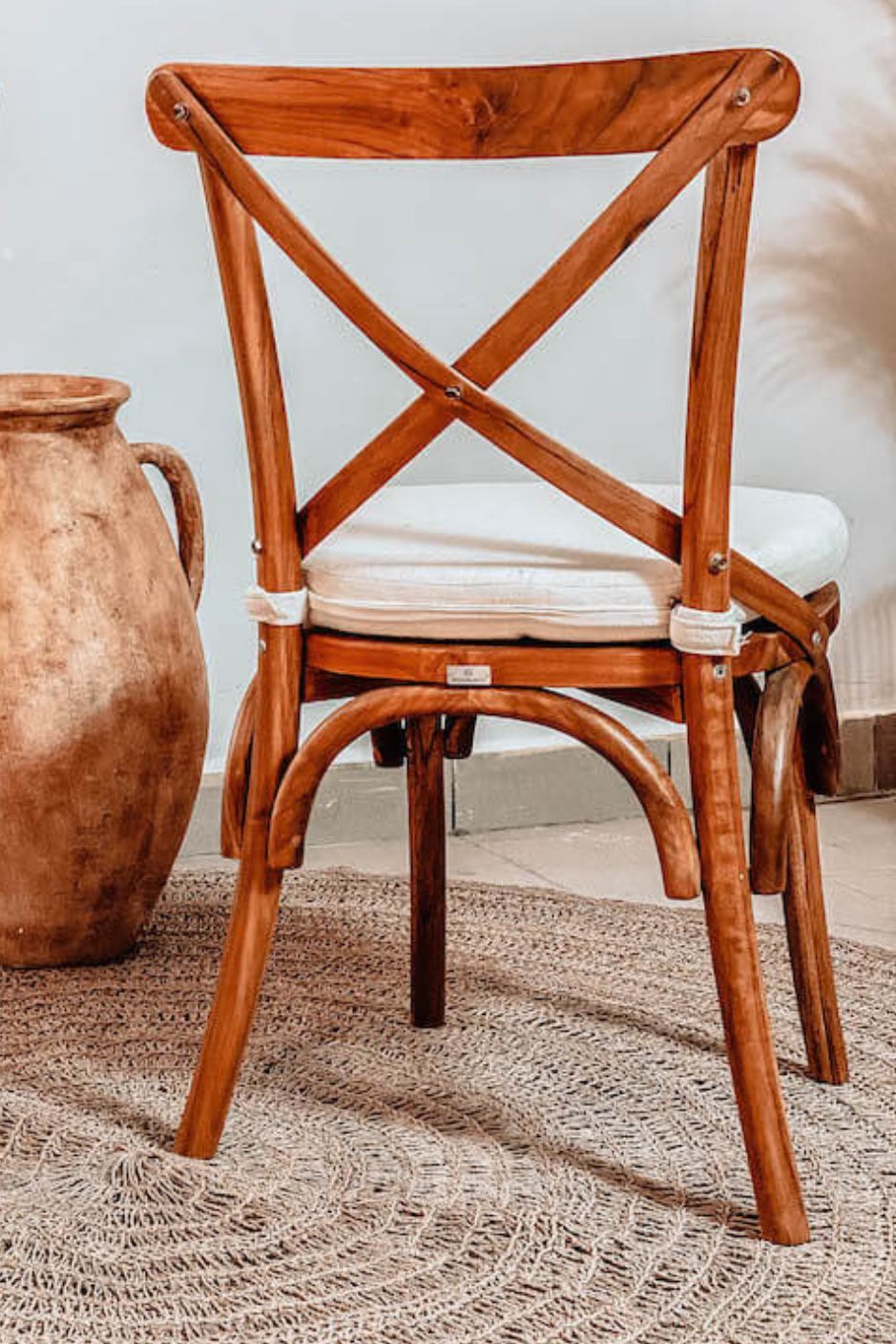 Tika Chair handmade from solid teak wood with ecru seat cushion, vintage-inspired design perfect for boho, retro, or classic living rooms, dining areas, kitchens, and bedrooms in Australian homes