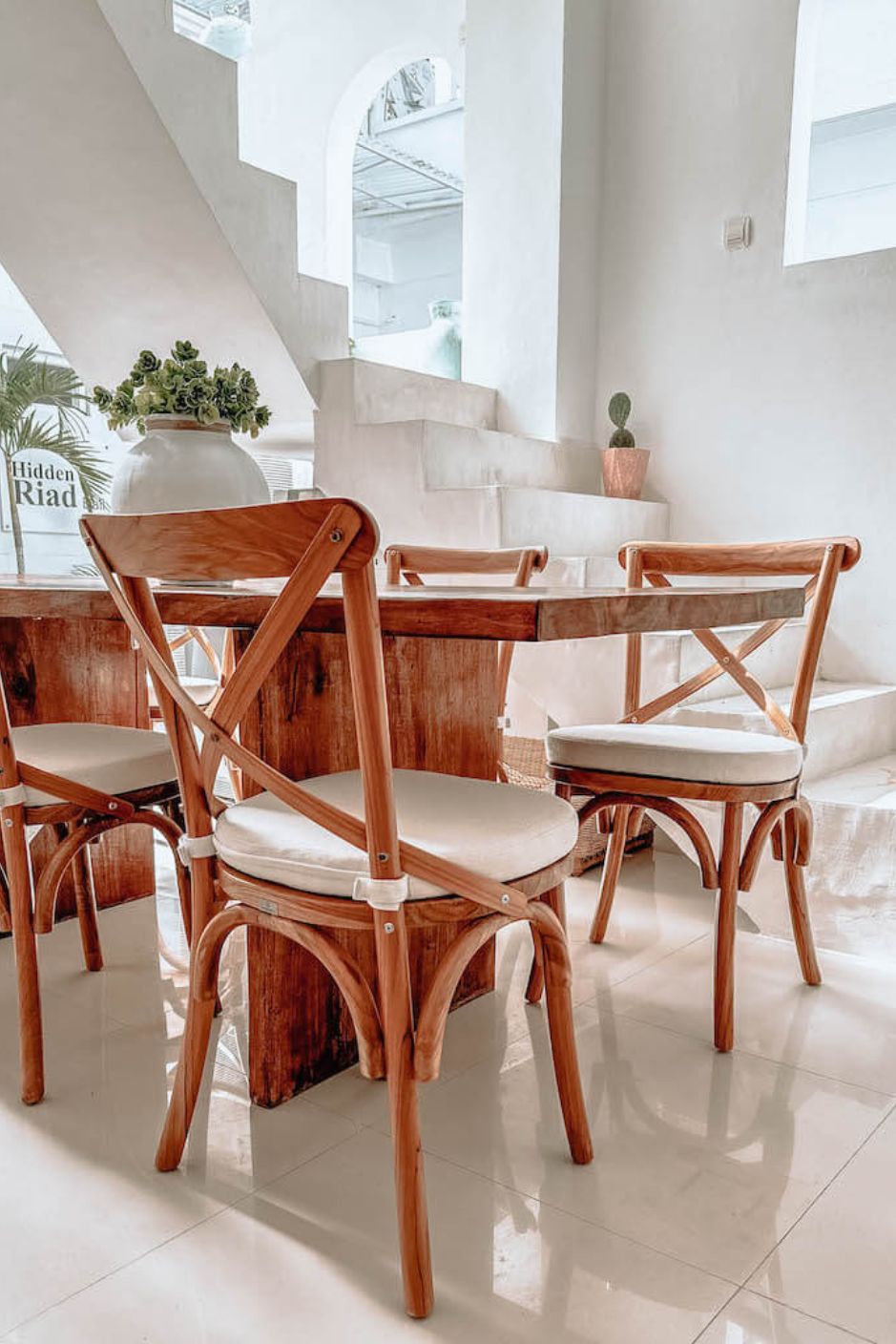 Tika Chair handmade from solid teak wood with ecru seat cushion, vintage-inspired design perfect for boho, retro, or classic living rooms, dining areas, kitchens, and bedrooms in Australian homes