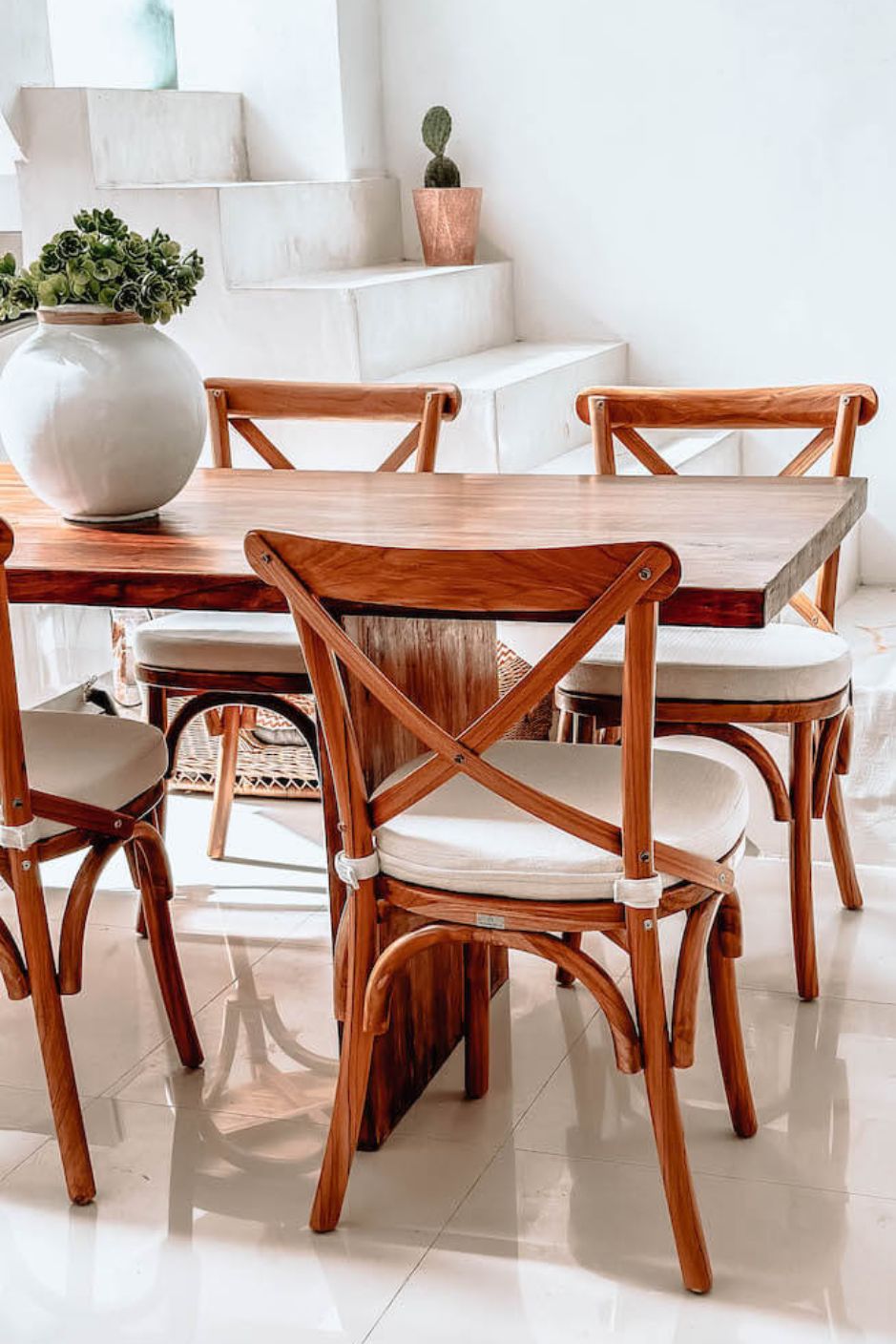 Tika Chair handmade from solid teak wood with ecru seat cushion, vintage-inspired design perfect for boho, retro, or classic living rooms, dining areas, kitchens, and bedrooms in Australian homes