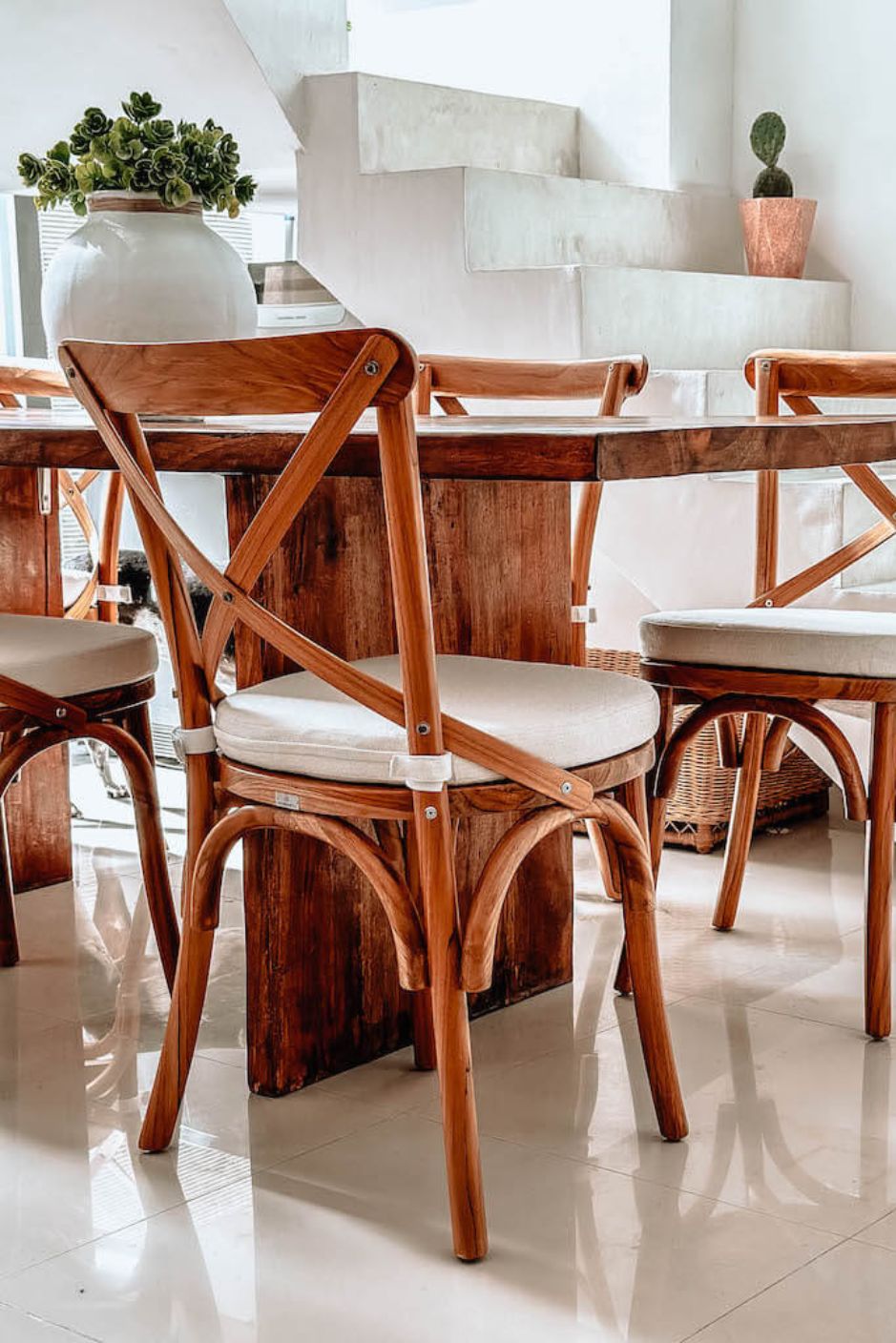Tika Chair handmade from solid teak wood with ecru seat cushion, vintage-inspired design perfect for boho, retro, or classic living rooms, dining areas, kitchens, and bedrooms in Australian homes