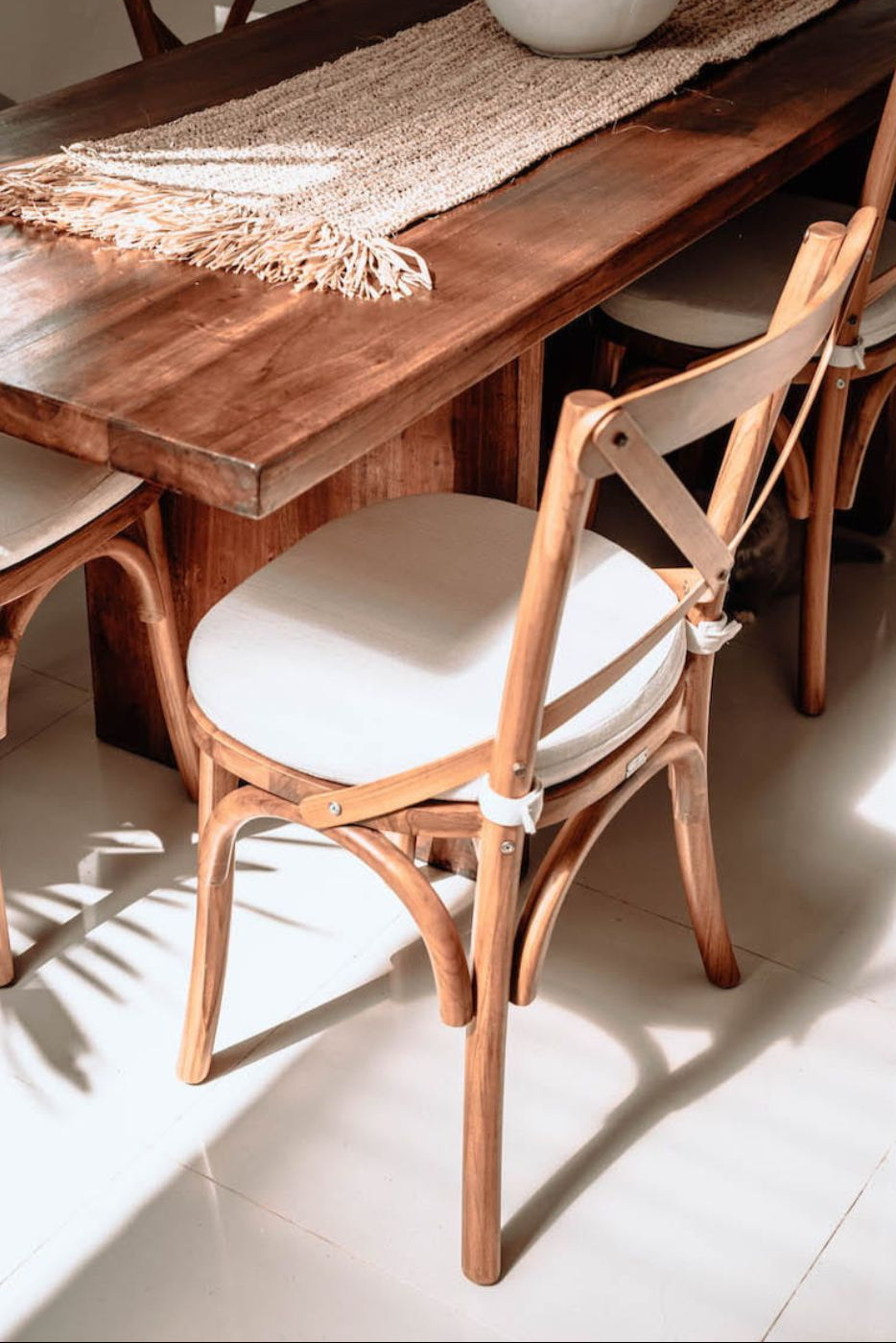 Tika Chair handmade from solid teak wood with ecru seat cushion, vintage-inspired design perfect for boho, retro, or classic living rooms, dining areas, kitchens, and bedrooms in Australian homes