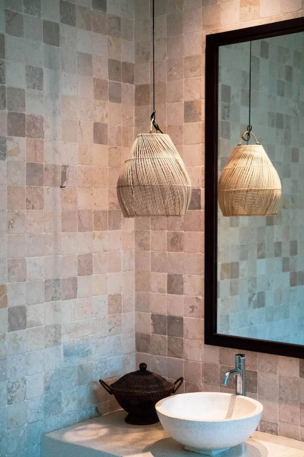 Small Viste rattan hanging lamp with warm natural colour and woven texture, perfect for boho, Scandinavian, or eco-style interiors