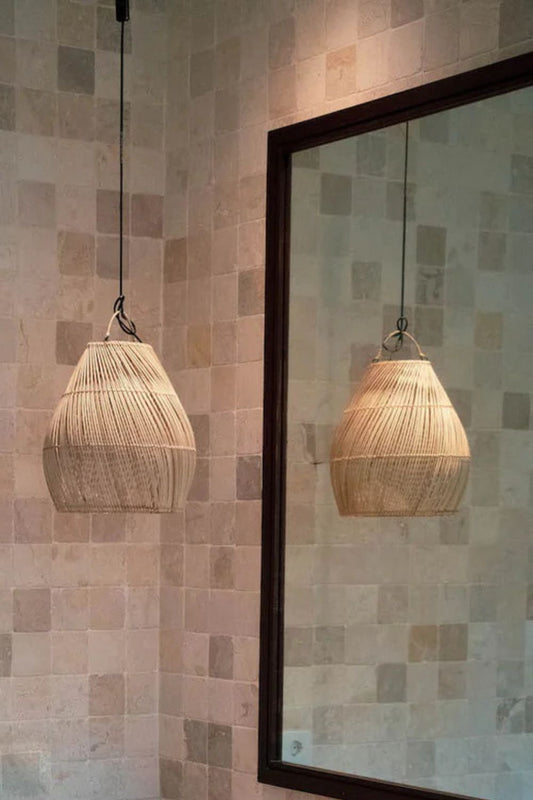 Small Viste rattan hanging lamp with warm natural colour and woven texture, perfect for boho, Scandinavian, or eco-style interiors
