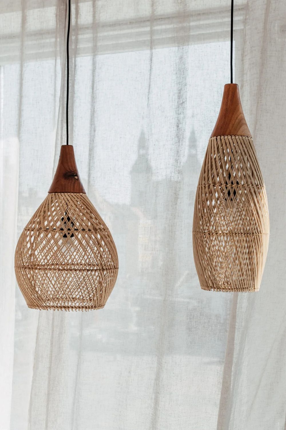 Woody rattan and teak wood handmade lamp in round and rectangular shapes - natural boho lighting
