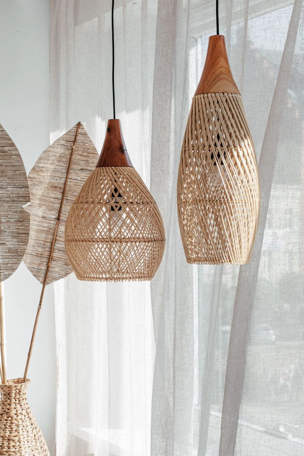Woody rattan and teak wood handmade lamp in round and rectangular shapes - natural boho lighting