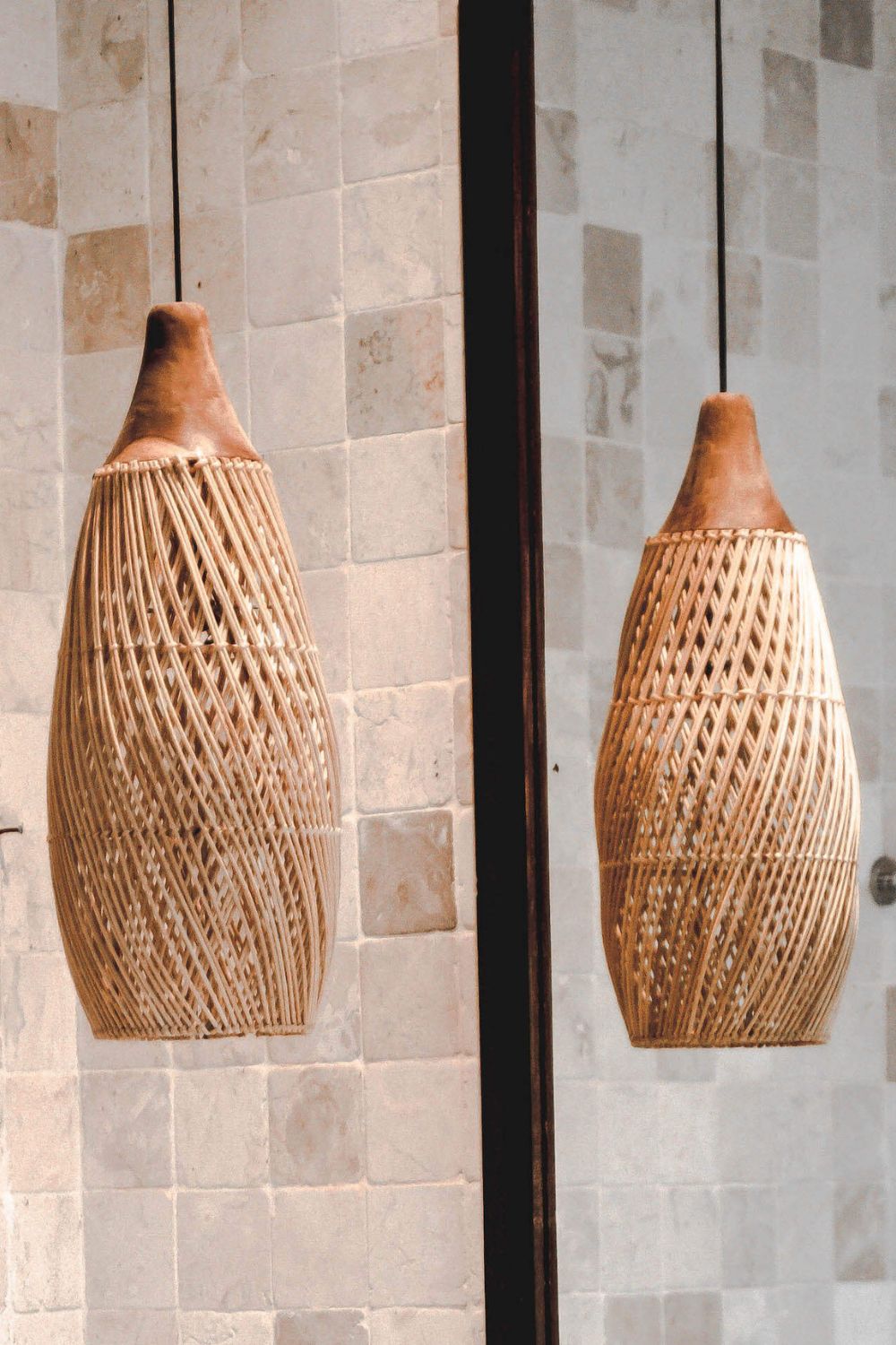 Woody rattan and teak wood handmade lamp in round and rectangular shapes - natural boho lighting