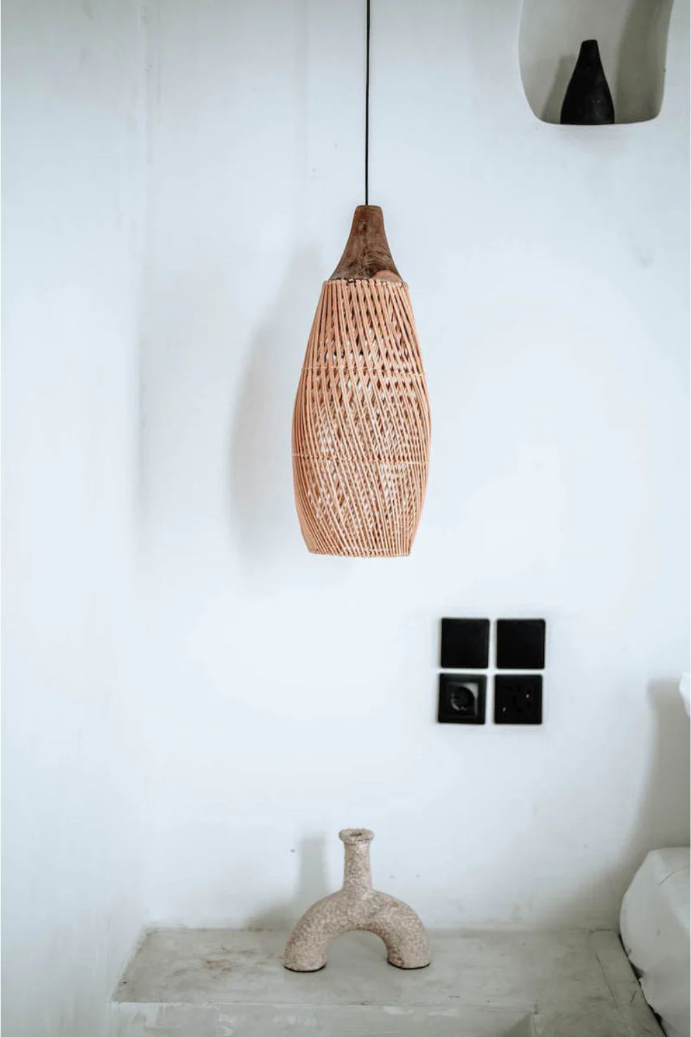 Woody rattan and teak wood handmade lamp in round and rectangular shapes - natural boho lighting
