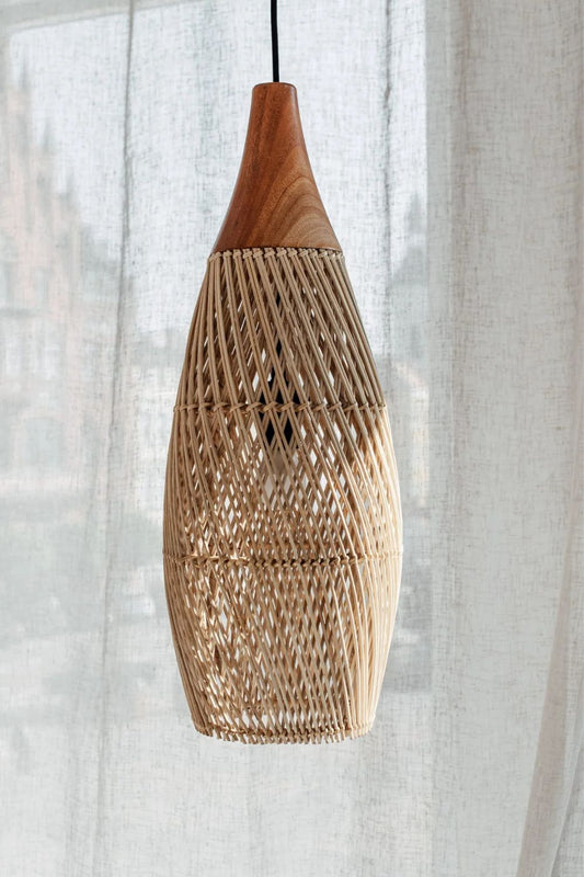 Woody rattan and teak wood handmade lamp in round and rectangular shapes - natural boho lighting