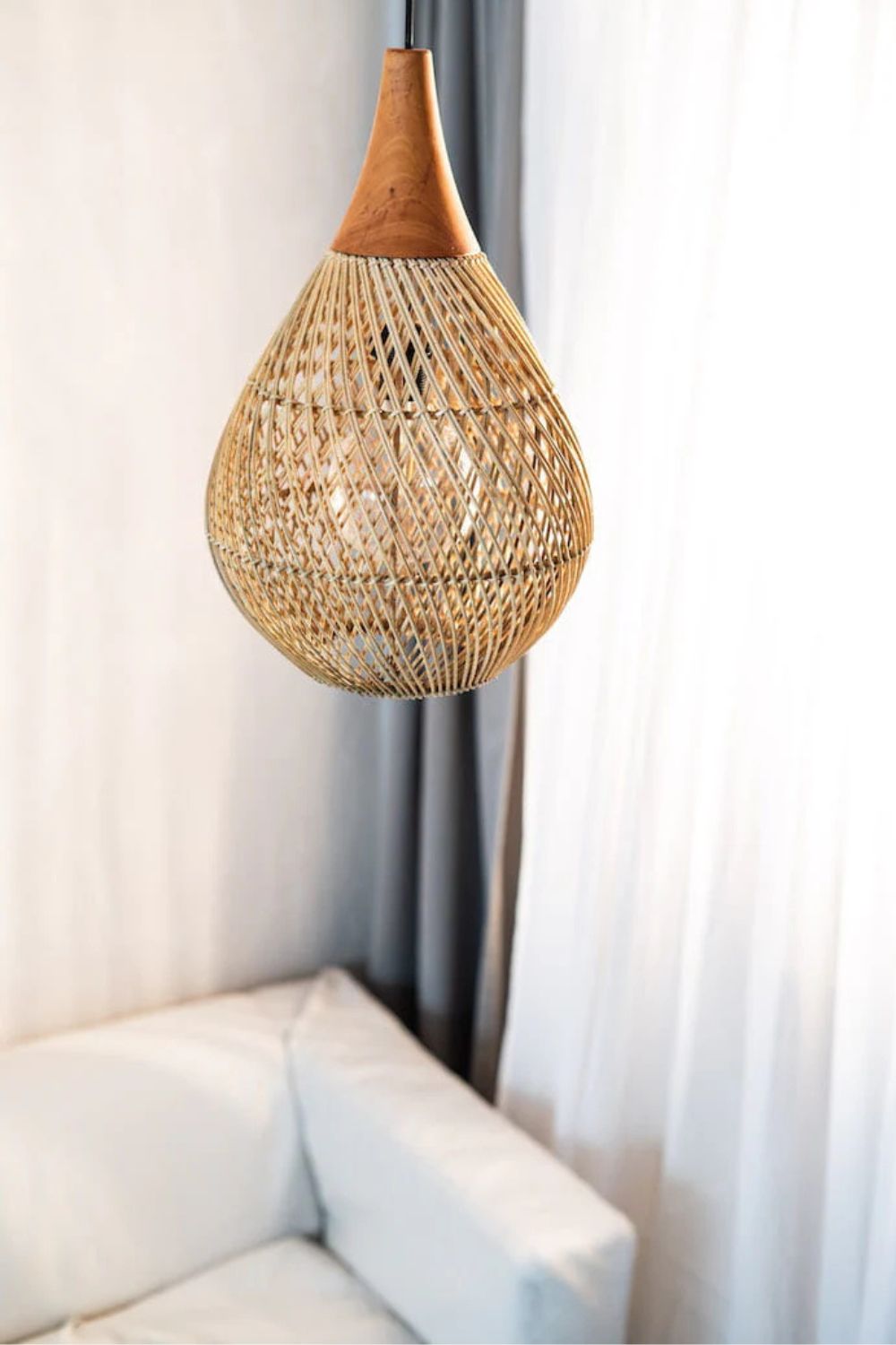 Woody rattan and teak wood handmade lamp in round and rectangular shapes - natural boho lighting