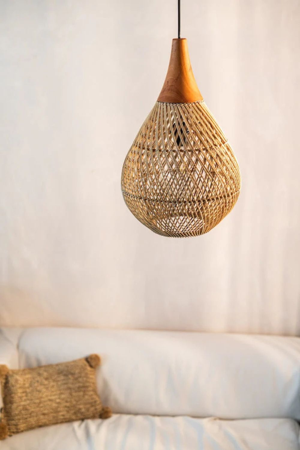 Woody rattan and teak wood handmade lamp in round and rectangular shapes - natural boho lighting